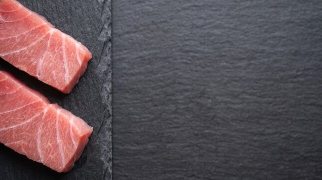 Raw tuna chutoro sashimi slices on dark basalt rock with copy space