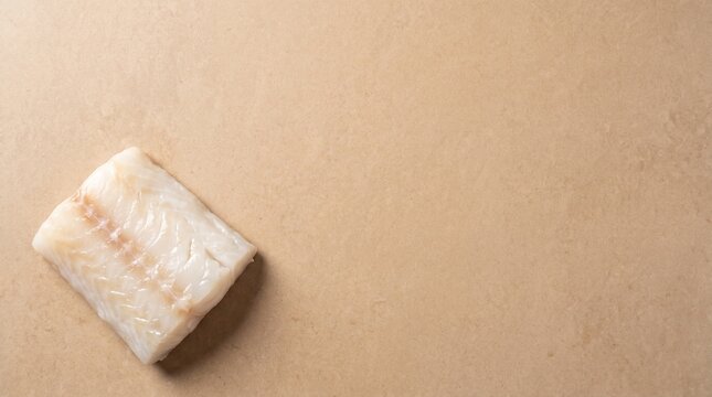 Raw Atlantic cod loin fillet on warm travertine with copy space