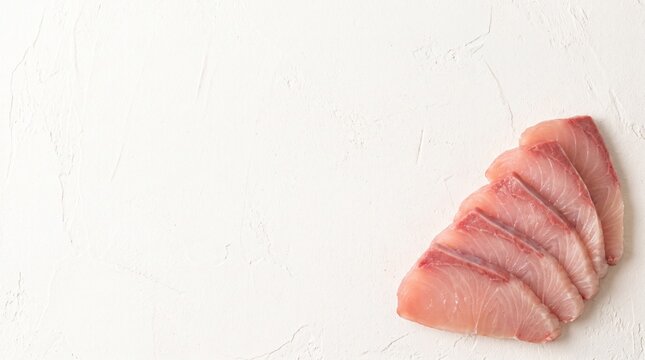 Raw kanpachi amberjack sashimi on off-white plaster with copy space