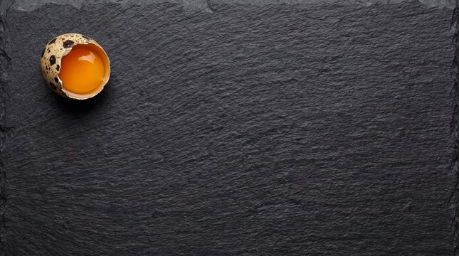 Cracked raw quail egg with yolk on dark charcoal slate with copy space