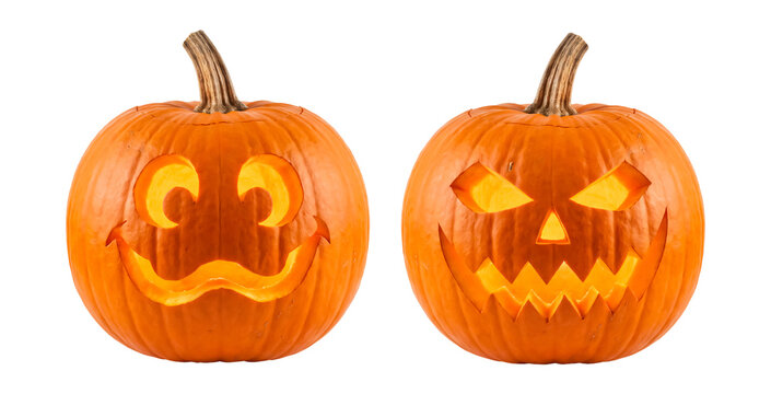 Illuminated Jack O Lantern Pair With Glowing Scary And Goofy Faces Carved Halloween Pumpkins Cutout