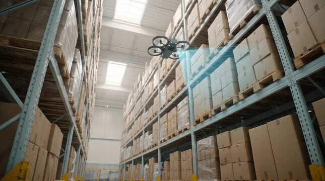 Indoor inventory drone flying autonomously along high warehouse shelves scanning barcode labels on cardboard boxes. Smart warehouse tech.