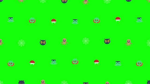 A vibrant pattern displays numerous festive seasonal icons including gingerbread men vampires and skulls distributed across a bright neon green surface for celebratory graphic design projects