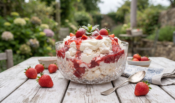 Eton Mess (United Kingdom): Eton Mess served in a wide glass bowl. Textural layers of crispy crushed white meringue, rich whipped cream, and vibrant red strawberry compote are beautifully visible. 
