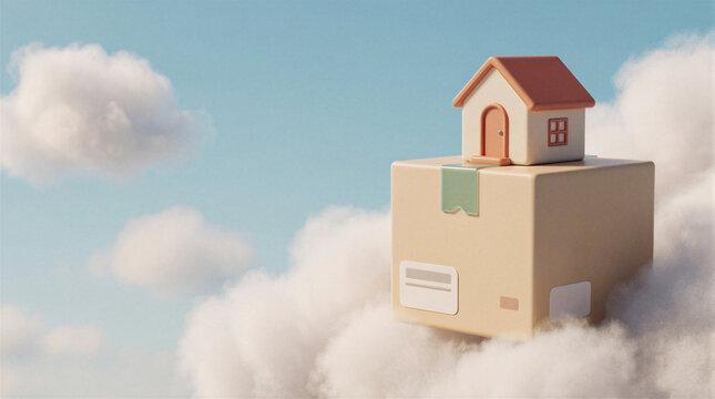 Moving box with a small house on top floating among soft puffy clouds in a dreamy sky