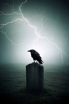 Black raven perched on an old tombstone during a thunderstorm. Dramatic lightning strike in a foggy graveyard. Spooky Halloween concept