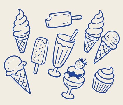 Ice cream desserts doodle line art vector illustration. JPEG version.