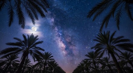Fototapeta premium Beautiful night sky featuring the Milky Way galaxy and a bright full moon over silhouettes of palm tree grove during summer