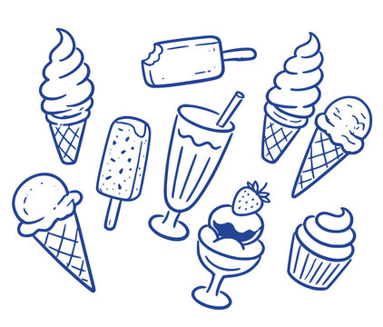 Ice cream desserts doodle line art vector illustration. Transparent PNG version.