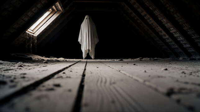 Classic white sheet ghost standing in a dark dusty attic. Spooky haunted house interior with dramatic window light