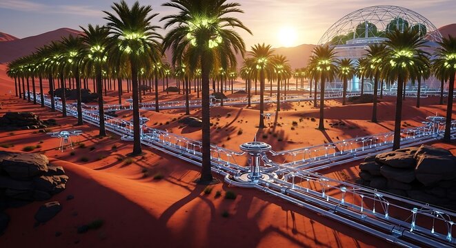 Futuristic Oasis Resort Architecture on a Desert Planet with Palm Trees and Domes