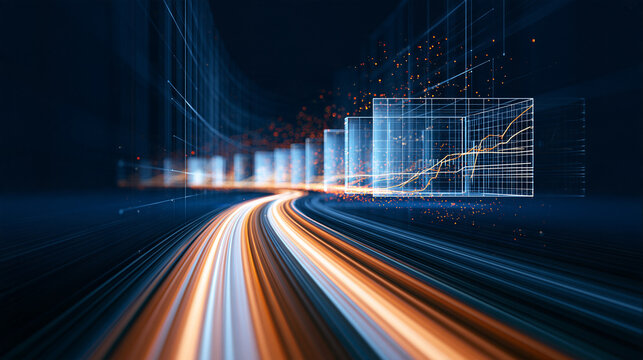 surreal futuristic visualization of future trend prediction, luminous pathway extending through multiple floating data landscapes, each stage representing different possible business outcomes,