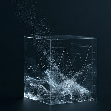 abstract data prediction visualization, transparent crystal cube containing multiple evolving data curves, floating particles moving from historical information toward future projections, futuristic