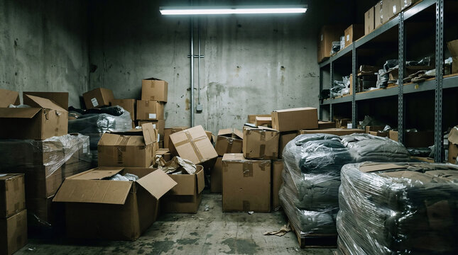 Industrial storage room filled with cardboard boxes on metal