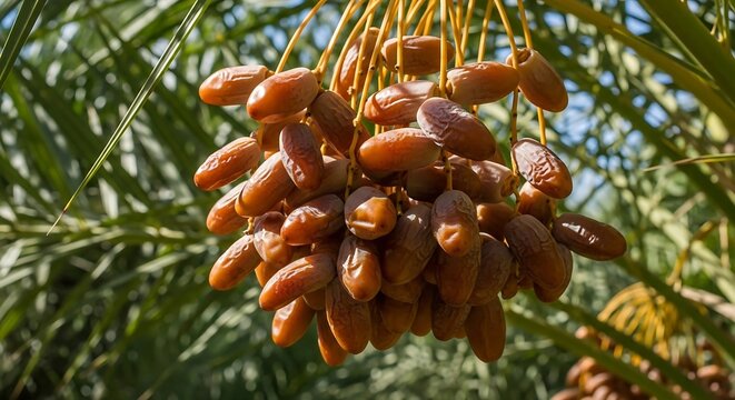 A large cluster of ripe brown dates hanging from a palm tree branch.