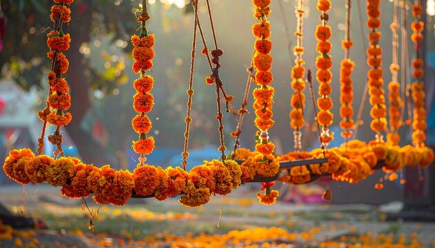 Swinging Jhula Decorated with Vibrant Orange Marigold Flowers for Festive Celebrations