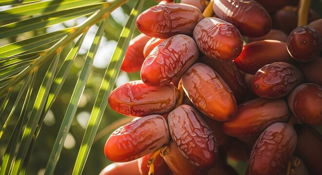 Close up of fresh ripe dates hanging on a palm tree branch in the sun.