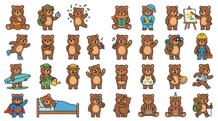 Fototapeta premium Cute Bear Characters in Various Activities, Isolated