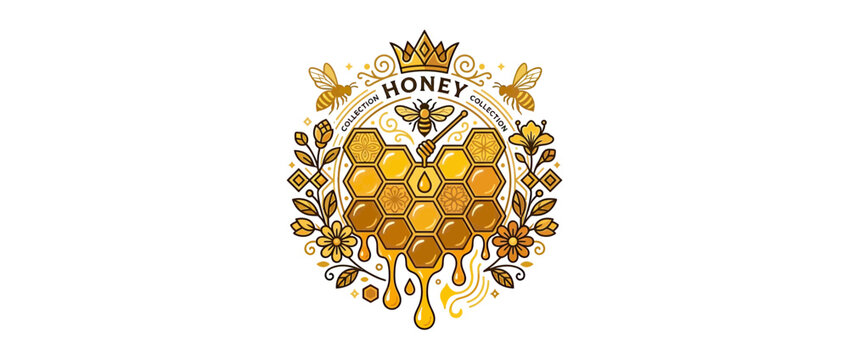 Golden Honeycomb Emblem with Bees and Flowers