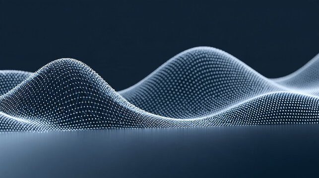 artistic 3D data visualization, thousands of luminous particles transforming into flowing waves, geometric charts and transparent analytical structures, futuristic technology background,