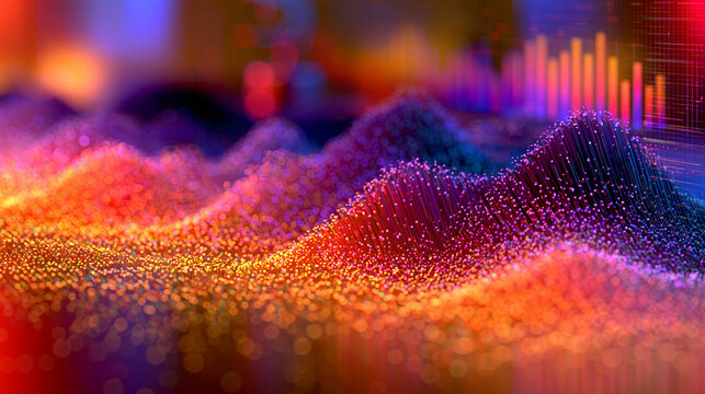 artistic 3D data visualization, thousands of luminous particles transforming into flowing waves, geometric charts and transparent analytical structures, futuristic technology background,