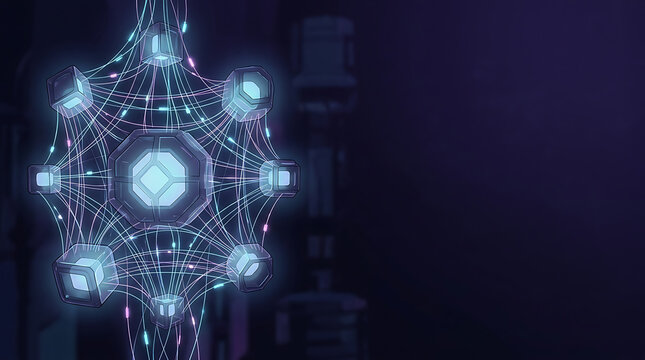 Abstract futuristic glowing geometric structure with connected lines and nodes on a dark background