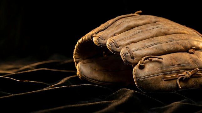 Old vintage leather baseball glove on dark surface.
