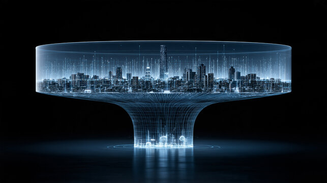 surreal performance monitoring concept, giant transparent digital lens observing a futuristic business ecosystem, glowing analytical signals surrounding monitored objects, data visualization and
