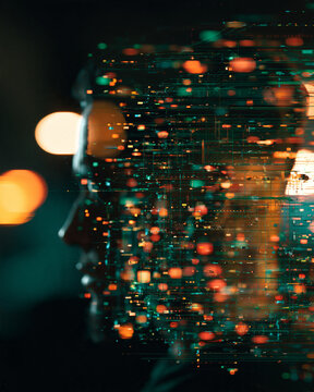 surreal customer behavior analytics visualization, transparent human profile silhouette containing flowing data pathways, behavioral signals and predictive nodes moving through a neural network,