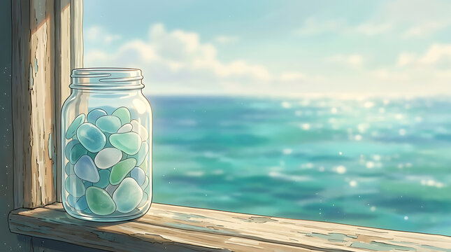 Artistic glass jar filled with colorful beach glass on a rustic window sill with a bright ocean sea view background for cinematic video projects
