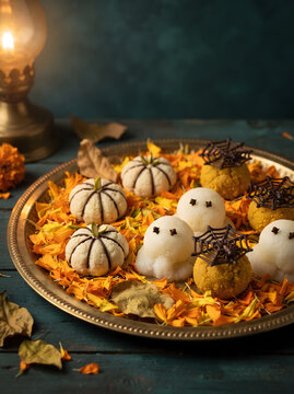 Halloween themed South Asian sweets with pumpkin sandesh and ghost rasgulla on brass plate