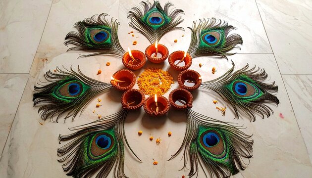 Beautiful Diwali decoration with burning clay diyas and peacock feathers arranged in a circular pattern on a white marble floor for the festival