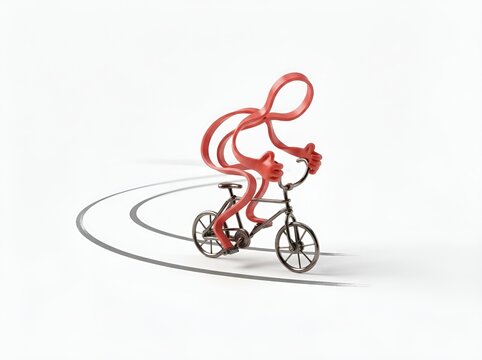 Bicycle ridden by a flexible red ribbon figure on a white studio floor leaves parallel curved tire tracks behind it during movement.