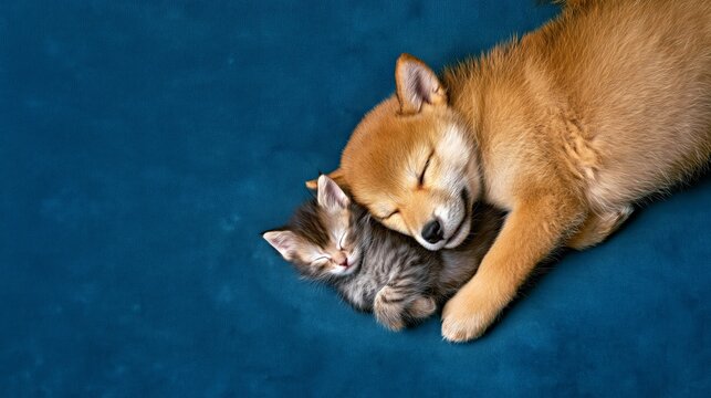 Shiba Inu dog curled beside a small kitten on a blue floor for pet companionship marketing.