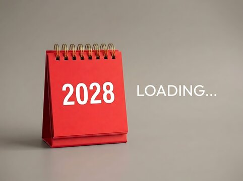 A red desk calendar displaying the year twenty twenty eight with loading text beside it