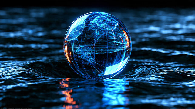 visionary future of business intelligence, enormous transparent holographic sphere containing interconnected analytics ecosystems, predictive models, AI neural networks and business data streams,