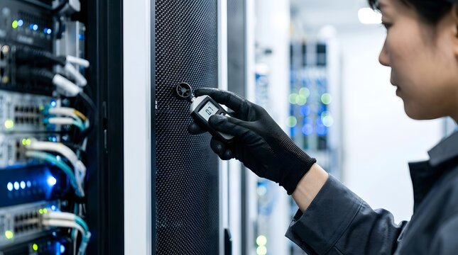 Female IT engineer using a digital anemometer to measure airflow and temperature on a server rack in a modern data center facility, focusing on system maintenance and network infrastructure.