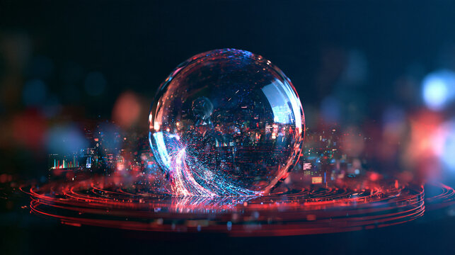 premium futuristic 3D conceptual illustration of predictive analytics, glowing data streams converging toward a transparent crystal prediction sphere, floating charts and abstract numerical