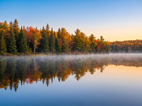 Calm morning lake with dense forest reflection and mist at sunrise reflection landscape tranquil peaceful evergreen shoreline atmosphere wilderness.
