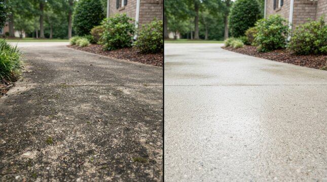 pressure washing driveway before after Before and after images showing driveway cleaning and restoration process