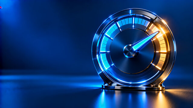 Futuristic metallic speedometer dial with glowing blue and orange gauge indicator on dark surface, symbolizing maximum speed performance