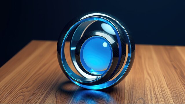Futuristic sphere rests upon wooden surface. Blue glow emanates from within concentric rings, creating dramatic lighting effect. Minimalist composition.