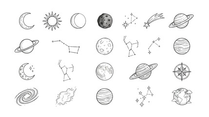 Minimalist celestial space doodles, 24 hand-drawn astronomy icons, black and white planet and constellation vector set for mystical branding © Muhammad