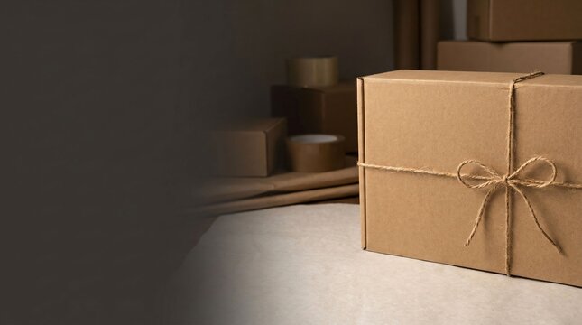 Kraft cardboard shipping box tied with jute twine bow on packaging table with copy space