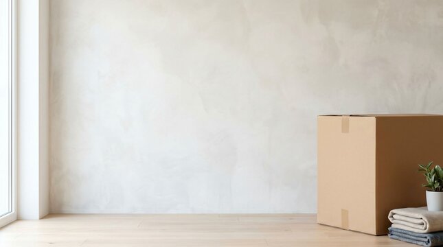 Moving cardboard box with folded blankets and houseplant on floor against empty white wall