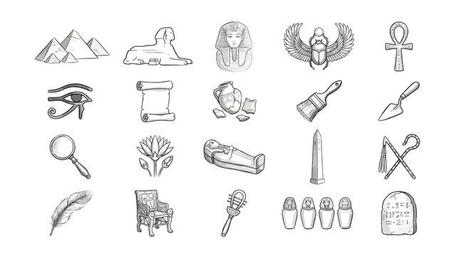Ancient Egyptian archaeology icons set, hand drawn sketch of 20 Egypt history elements, black and white vector illustrations for education