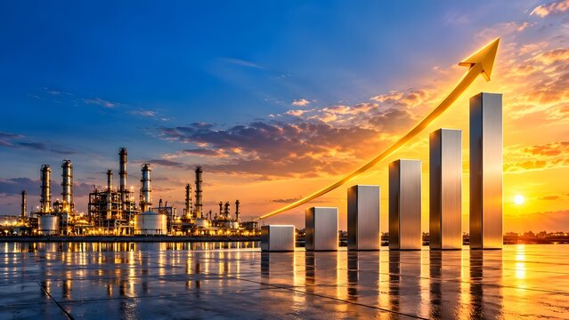 Upward golden arrow traversing a metallic bar chart in front of a sprawling oil refinery at sunset representing corporate financial success in the energy sector