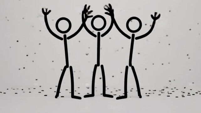 Minimalist stick figure animation celebrating together with falling confetti