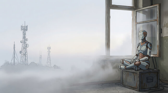 Futuristic robot meditating by open window looking over foggy dystopian landscape concept for scifi video