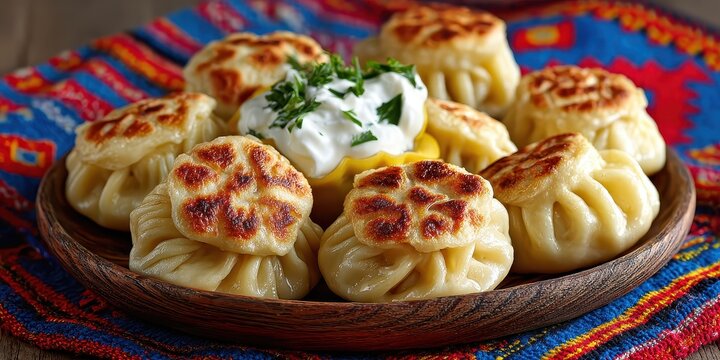 Pan-fried buuz dumplings on a wooden plate, topped with sour cream and parsley. A tempting taste of Mongolian cuisine